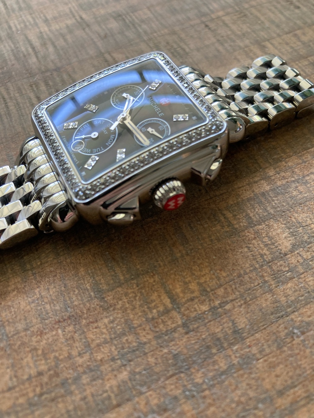 Michele Deco Stainless Steel Watch with Black Dial and Diamond Accent - Picture 3 of 7